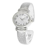 Rosemarie Collections Women's Stylish Oval Shaped Mother of Pearl Face and Textured Cuff Watch Bracelet (Silver)