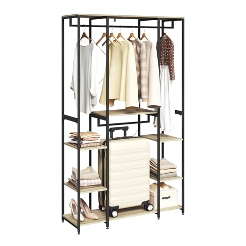 WOLTU Kleiderschrank offen Kleiderständer Garderobenständer für Schlafzimmer, Einfache Montage, Metal Kleiderstange mit Ablagen Hell Eiche+Schwarz
