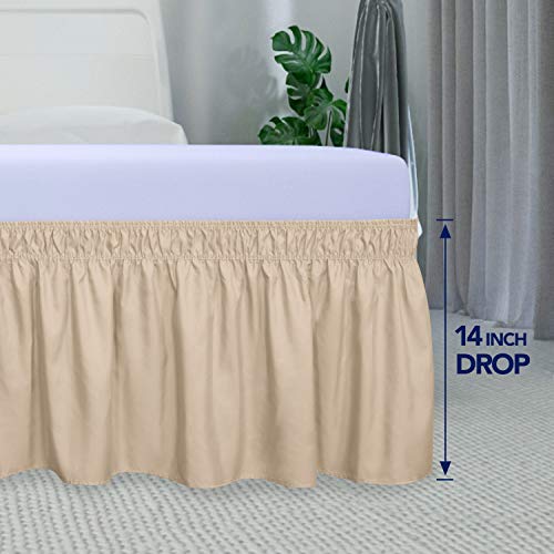 PureFit Wrap Around Ruffled Bed Skirt with Adjustable Elastic Belt - 14 Inch Drop Easy to Put On, Wrinkle Free Bedskirt Dust Ruffles, Bed Frame Cover for Twin, Twin XL and Full Size Beds, Beige
