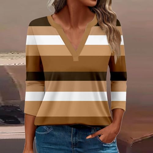 Blusa feminina de manga 3/4 casual de verão com gola V feminina 2024 Color Block listrada, túnicas p