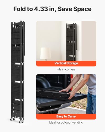 Image of VEVOR 6-Tier Foldable Storage Shelf, 24W x 12D x 72H Inch Folding Metal Rack Shelving Unit, No Assembly Organizer Shelf with 5 Wheels & 4 Hooks for Pantry, Kitchen, Garage, Basement, Black