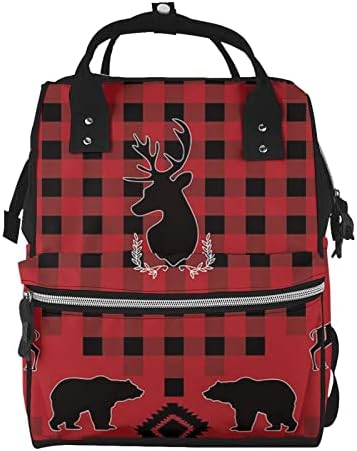 Deer Bear Buffalo Check Diaper Bag Backpack For Baby Girls Boys,Large Waterproof Travel Mummy Backpack Stylish For Mom And Dad