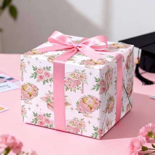 LeZakaa Graduation Wrapping Paper Roll for Girls Women, Floral Graduation Elegant Gift Wrap with Roses Caps Globe Design for High School and College, Mini Roll 17in x 16.4 ft by LeZakaa - Image 3