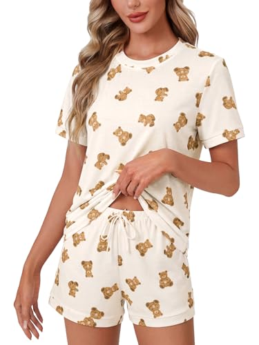 Image of LYANER Pajama Set for Women 2 Piece Lounge Set Striped Crew neck Short Sleeve Tops and Shorts Soft Sleepwear