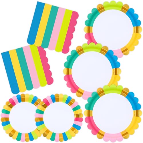 ECOHOLA Birthday Party Supplies Disposable 9" Dinner Plates 7" Dessert Plates 6.5" Luncheon Napkins for Birthday Garden Party Afternoon Teas Baby Shower Wedding, Scalloped Edge, Serve 24