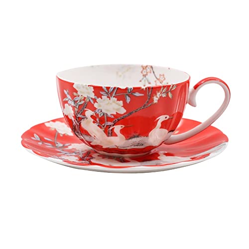 Zestaw kubków i spodków do kawy, 236 ml, cienka porcelana kostna, kwiatowy wzór, idealny na herbatę i latte, idealny na imprezy i prezenty