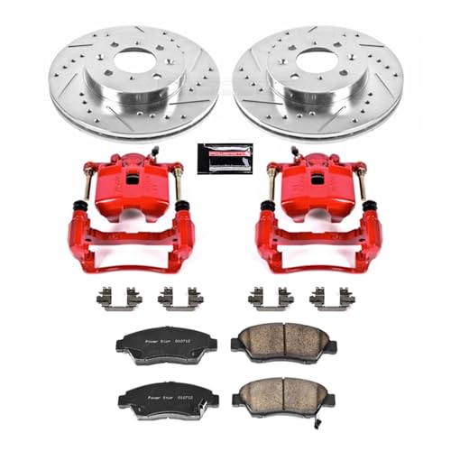 Image of PowerStop Front Brake & Caliper Kit for Honda Fit 2007-08 - Carbon-Fiber Ceramic Brake Pads + Drilled & Slotted Rotors + Red Powder Coated Calipers, KC694