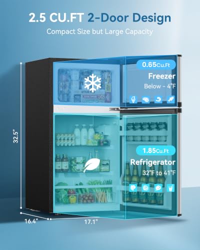 Image of Feelfunn 2.5 Cu.Ft Mini Fridge with Freezer, 2 Door Dorm Fridge, Silver
