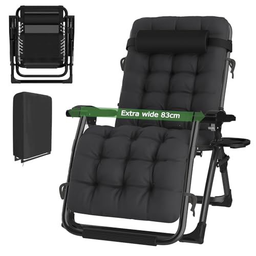 haiorjun Chaise Longue Zero Gravity Pliante, Fauteuil Relax Jardin Exterieur avec Coussin et Housse de Protection, 83 cm Extra Large Bains de Soleil Pliable...