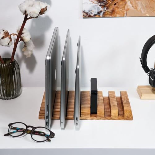 Image of Wooden Multi-Slot Laptop Stand & Desk Organizer | Holds Multiple Laptops, Tablets & Files | Handcrafted Solid Wood Stand for Office & Home