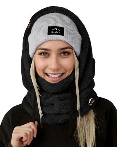 OWNGIGI Balaclava Winter Ski Mask for Men and Women Cold Weather Fleece Windproof Face Cover Warmer Scarf Sherpa Hood Black