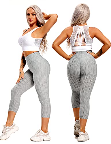 CROSS1946 Sexy Women's Textured Booty Yoga Pants High Waist Ruched Workout Butt Lifting Pants Tummy Control Push Up #2 Capris Texture Grey,M - Image 6