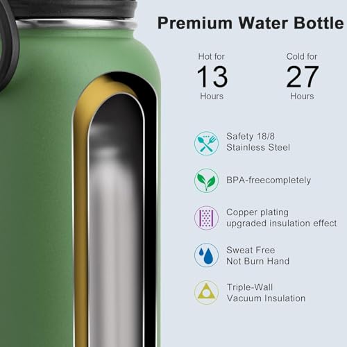 Image of koodee 32 oz Stainless Steel Water Bottle-Double Wall Vacuum Insulated Sports Water Bottle for Men-Reusable Travel Leakproof Water Flask with 3 Lids and Silicone Boot, BPA Free(Grass Green)