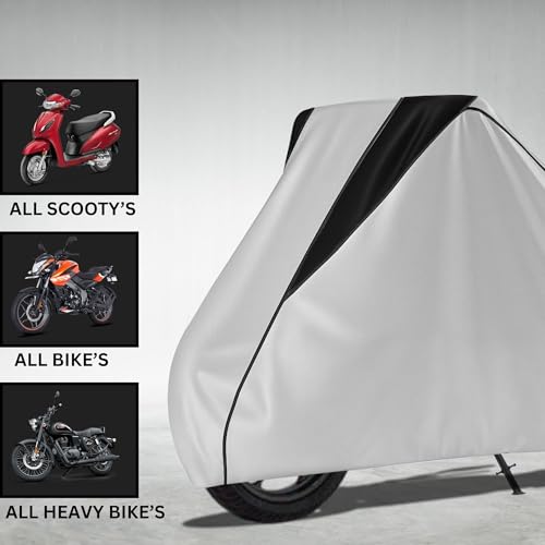 Image of Taffeta Bike Cover Premium Waterproof, Dustproof & UV Protected Two-Wheeler Body Shield | Heavy-Duty, All-Weather Protection | Universal Fit for Motorcycles & Scooters (Silver Top Black Kally)