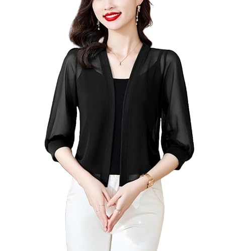 LIUYUYOUGO Women's Bolero Shrug Summer Chiffon Cropped Blazer Cardigan Tops Elegant Half Sleeve Lightweight Jacket Open Front Sheer Shrugs Shawl Coat Mothers Day Costumes Black S