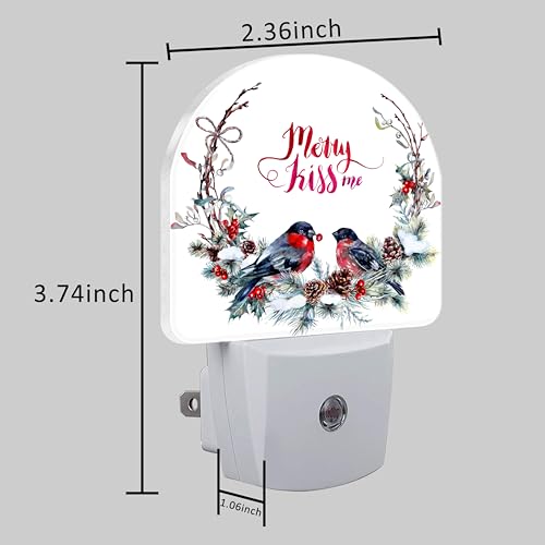 Image of Plug in Night Lights Watercolor Christmas Wreath with Bullfinches Nightlight Plug Into Wall Dusk to Dawn Sensor LED Night Light for Kid Girls Boys Room Decor,Hallway,Kitchen,Bathroom,Nursery