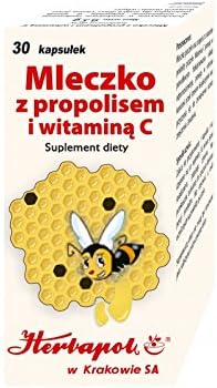 ROYAL JELLY WITH PROPOLIS - 30 capsules - natural products made by honeybee, abounding in numerous nutrients and bioelements. The active substances of royal jelly and propolis positively affect life processes, enhance one's vitality and energy