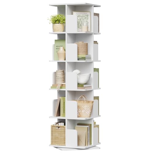 EUGAD Estantería para Libros, Libreria Giratoria 5 Niveles, Estantería Alta de Pie, Libreria Madera de Estudio y Biblioteca, Blanco