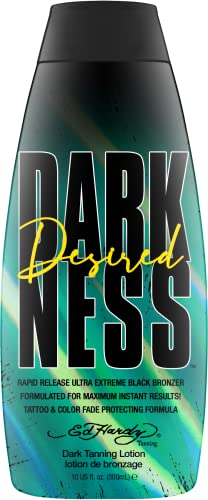 Ed Hardy Tanning Desired Darkness Dark Tanning Lotion â€“ Rapid Release Ultra Extreme Black Bronzer Formulated for Maximum Instant Results, Tattoo and Color Fade Protecting Formula â€“ 10 oz.