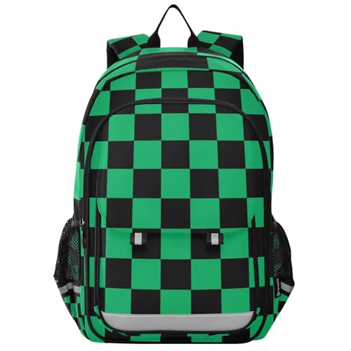 Fisyme Black and Green Plaid Checkered School Backpack Laptop Backpacks Bags Bookbag Travel Casual Computer Notebooks Daypacks