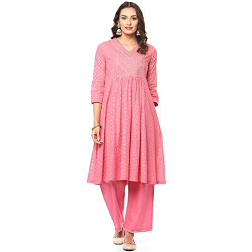 Image of BIBA Women Cotton Gathered Printed Suit Set