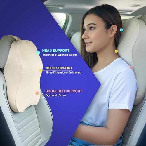 Image of WELLGIVER Orthopedic Memory Foam Car Neck Rest Pillow - Cervical Support Cushion for Neck Pain Relief, Adjustable Strap - Universal Fit for All Cars | Beige Velvet
