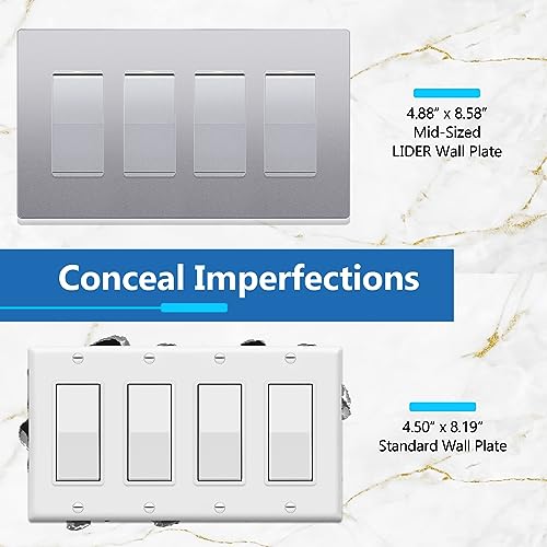 Image of LIDER Decorator Switch Cover, Screwless Wall Plate, Mid-Size 4-Gang 4.88 inch x 8.58 inch, LSWP-34M-SV, UL Listed, Thermoplastic, Matte Silver, 1-Pack