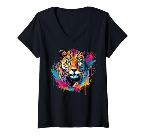 Damen Bunte Splash Art Jaguar Wildlife Big Cat Lover T-Shirt mit V-Ausschnitt
