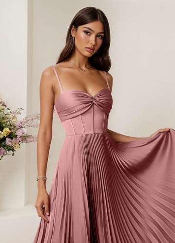 Tea Length Pleated Bridesmaid Dresses for Women Satin A Line Midi Sleeveless Formal Party Gowns4