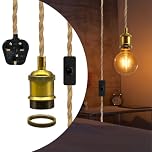 Rustic Vintage Plug in Pendant Lighting, Brass E27 Lamp Holder Suspended Pendant Light Fitting Kit, Hemp Rope Hanging Lamp with 16.7 Ft Cable,Retro Plug in Ceiling Light Fixture,DIY Lamp Kit for Loft