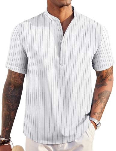 COOFANDY Henley-Hemd für Herren, Leinen, kurzärmelig, lässig, Sommer, Strand, Hippie, Weiß gestreift, L
