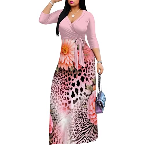 Image of PinkPatty Plus Size Maxi Dress for Women Casual V Neck 3 /4 Sleeve Boho Printed Long Dress with Pockets