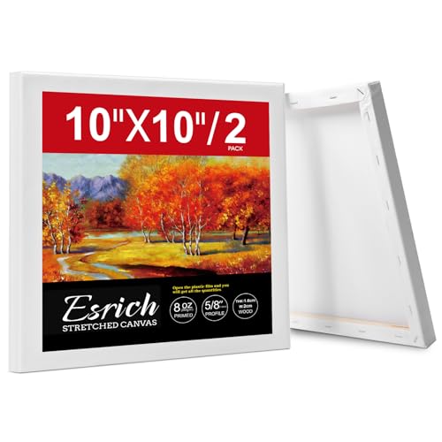 ESRICH 10x10 Stretched Canvas for Painting 2 Pack Square Canvas for Painting Primed Acid-Free Framed Blank Canvas Art Canvases for Beginners & Artists to Paint Oil Acrylic Pouring Painting.