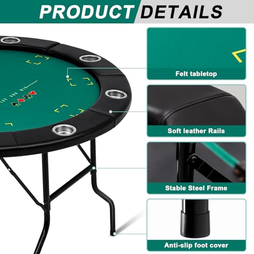 Lemosae Foldable Poker Table, Portable Blackjack Table 8-10 Player Folding Texas Card Game Table with Cup Holders for Casino, Play Cards, Poker Games, Green (Round Style,48 Inch)