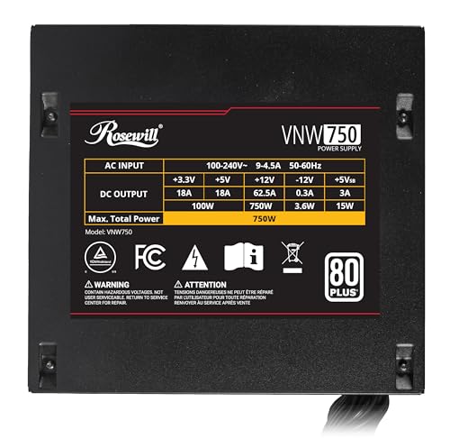 Image of Rosewill VNW 750W 80+ White Certified, Non-Modular Active PFC Design, Low-Noise Power Supply, Electrolytic Capacitor, 120mm FDB Silent Fan - 5 Year Warranty - VNW750