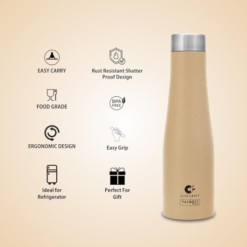 Image of Clay Craft Vacbott Petra Single Walled Non Insulated Water Bottle, 1000 ml - 1 Piece (Beige) Steel Water Bottles for School, Office, Home, Gym, Water Bottle for Men Leakproof, Rust Free Steel Bottle