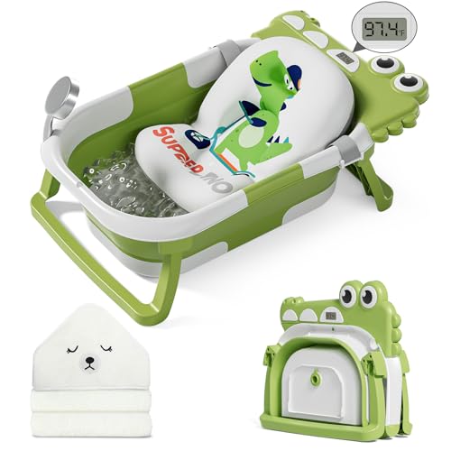 Image of MoreFeel Collapsible Baby Bathtub for Newborn with Thermometer & 1 Hooded Towel & 1 Soft Floating Cushion,Portable Travel Bathtub with Drain Hole, Durable Foldable Baby Tubs for Infants to Toddler