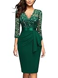 Miusol Women's Retro V Neck Floral Lace Ruffle Style Cocktail Party Dress (Large, Glitter-Dark Green)
