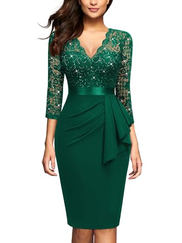 MIUSOL Women's Vintage Lace V-Neck 3/4 Sleeves Cocktail Party Formal Wedding Guest Work Bodycon Dress (X-Large, Sequins Version - Dark Green)