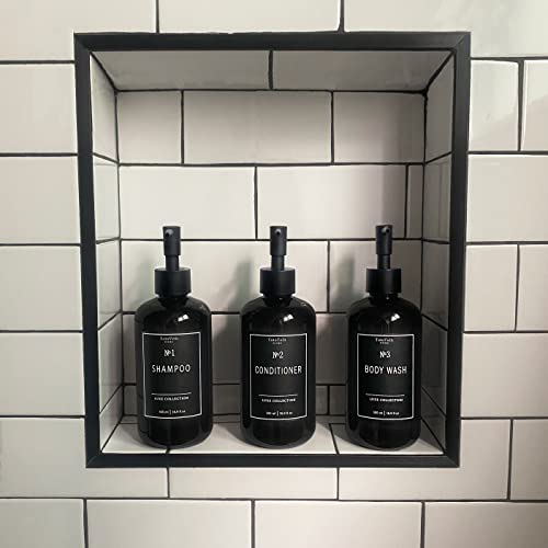 Refillable Shampoo And Conditioner Bottles - Empty Soap Dispenser Set Of 5 (16.9Oz) - Plastic Bathroom Shower Dispensers For Body Wash Lotion Hand & Dish Soap (Amber Bottles - Black Labels) #TOP3