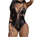Mnhhatv Women's Sexy Leather Lingerie Set See-Through Plus Size V Neck Lingerie Bodysuit Nightgown for Sex Naughty Play Black