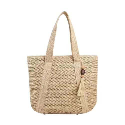 Bolsa de Praia Grande em Palha Natural Trançada Design Sacola Grande com Alças (Bege)