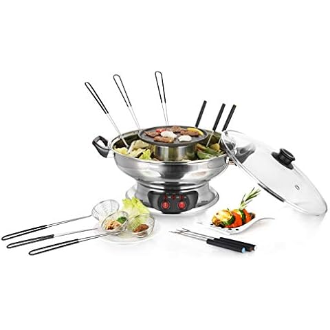 Emerio HPS-121313, Asia Brühe Fondue für Fisch-Fleich-Gemüse, inkl. Grillplatte und Glasdeckel, 4L Kapazität, 2 Heizstufen elektrischer Hot Pot Set Cover