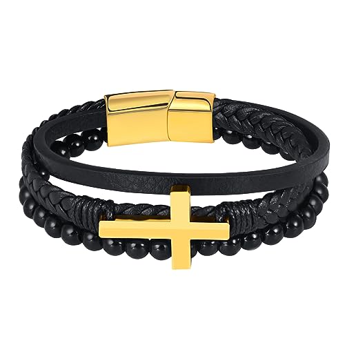 Feilok Pulsera de Cuero de Piedra de Cuentas Cruzadas para Hombres Pulsera magnética de Acero Inoxidable con Hebillas de Oro
