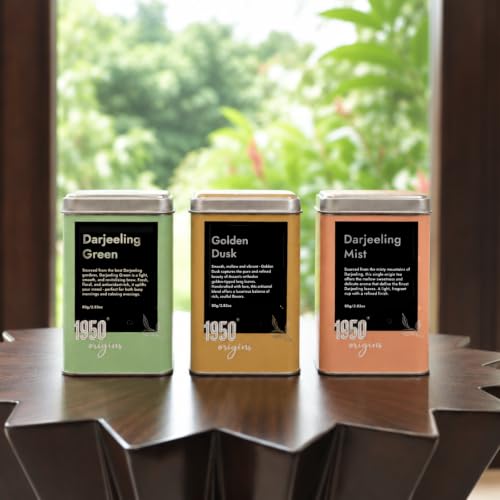 Image of 1950 Origins Combo Pack | Darjeeling Green Premium Green Tea | Darjeeling Mist Premium Black Tea| Golden Dusk Assam Golden-tipped Orthodox Long Leaves| Tin Caddy 80g X 3