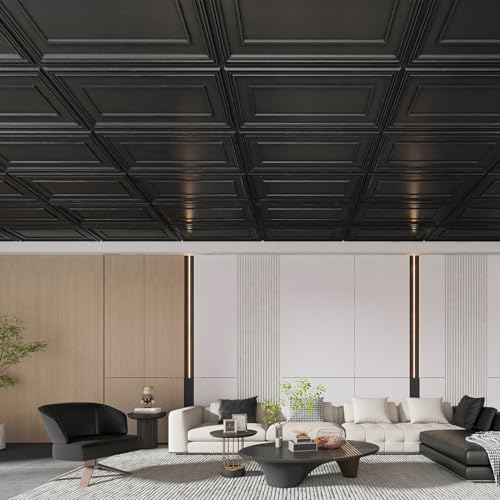 Image of Art3d 12 Pack PVC Ceiling Tiles, 24x48 Inches Glup Up Decorative Ceiling Tiles for Home, Gym and Office, Covering 96 Sq.,ft., Rectangular Black