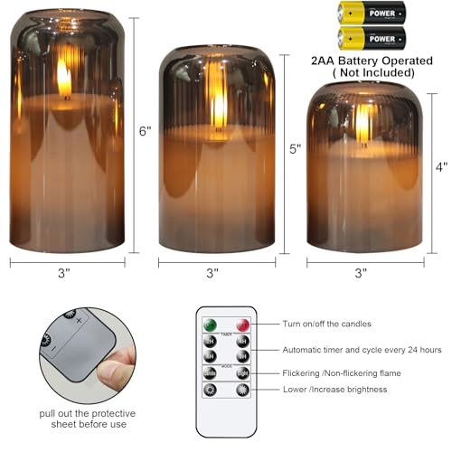 Image of Eldnacele Black Glass Flameless Candles with Remote and Timer, Battery Operated 3D Wick Flickering LED Pillar Candles for Dinner Wedding Holiday Decor (3Pcs, D3xH4 /5 inch /6 inch)