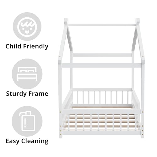 LLS-Twin-House-Bed-with-Fence-Wooden-Montessori-Bed-with-Slats-Support-Floor-Bed-Frame-for-Boys-Girls-Bedroom-White LLS Twin House Bed with Fence Wooden Montessori Bed with Slats Support Floor Bed Frame for Boys Girls Bedroom White