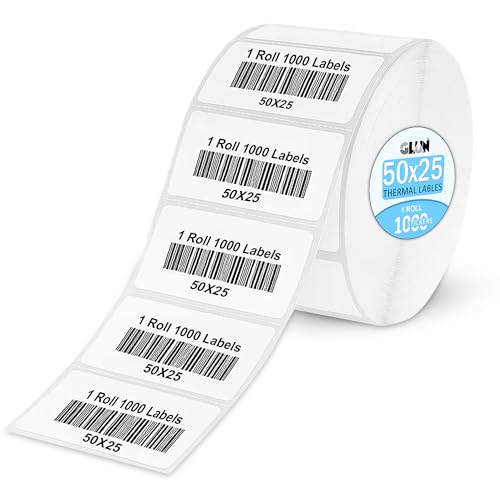 Image of GLUN Direct Thermal Label Roll 50x25mm 1000 White Self-Adhesive Stickers, Smooth Surface Barcode & Price Tag Labels for Mini Thermal Printers