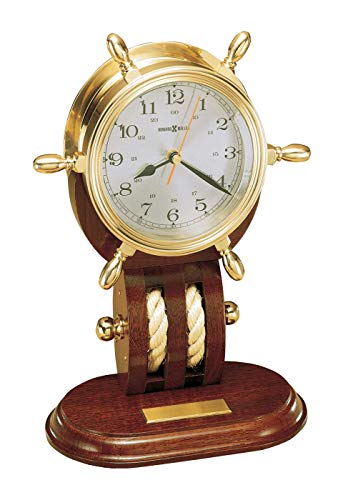 Howard Miller Britannia Tabletop Clock Nautical Ship Wheel Design with Brass Detailing & Wooden Base, Engravable Self Adhesive Brass Plate, Spun Silver Arabic Numeral Dial Best for Home Decor